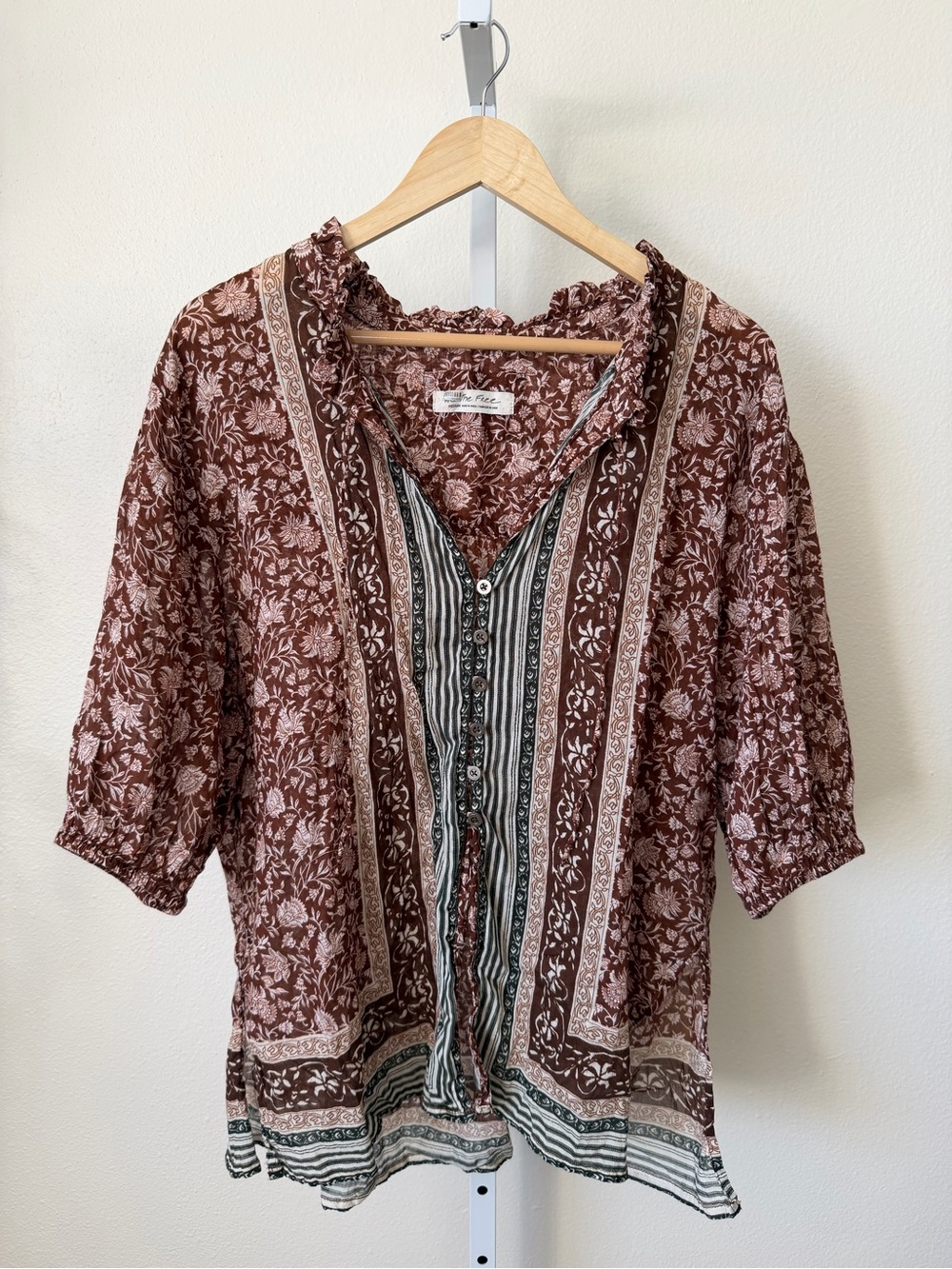 Free People Border Batik Peasant Blouse Puff Sleeve Size M Hippie Boho